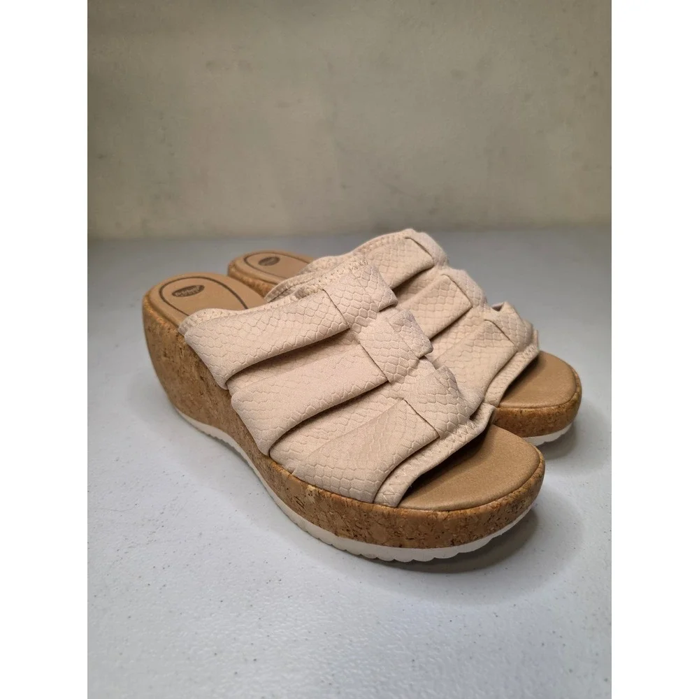 Dr. Scholls Praise Up Beige Snakeskin Cork Wedge Platform Sandals Womens 8M